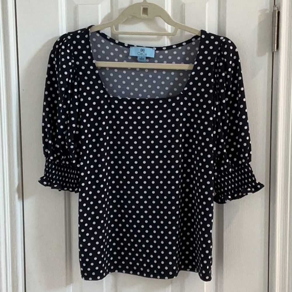 CeCe Navy & White Polka Dot Top w/ Puffed Sleeves